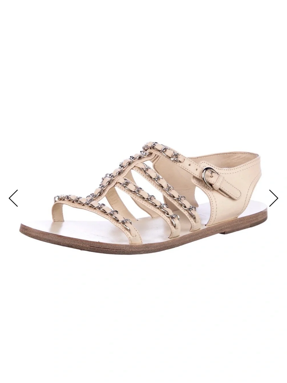 CHANEL Nude Leather Chain-Trim Slingback Sandals